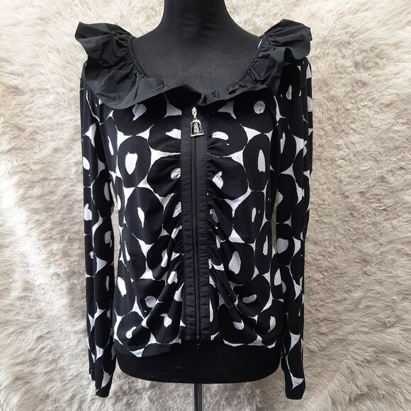 Joseph Ribkoff Women's Black Circles Ruffle Neck Zip Up Blouse US 10 - Picture 1 of 9